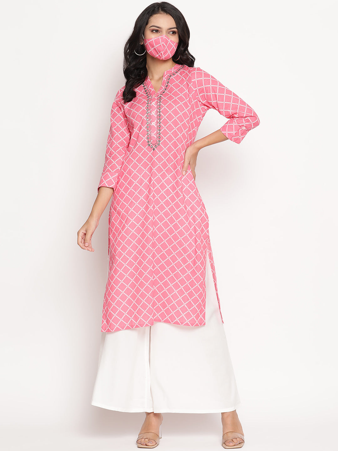 Be Indi Women Pink & White Geometric Printed Mirror Work Pastels Kurta