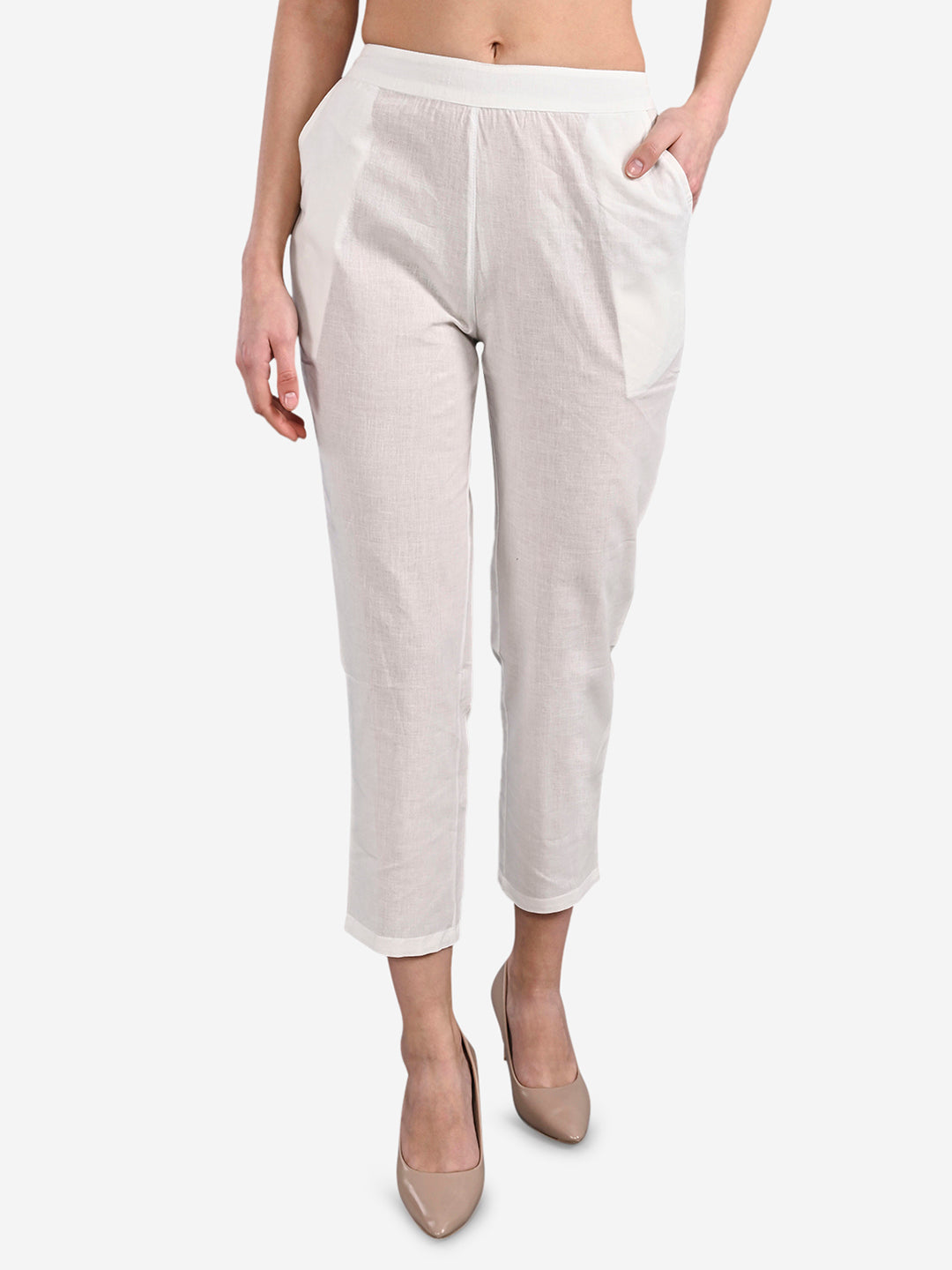 Be Indi Women White Straight Fit Solid Cigarette Trousers