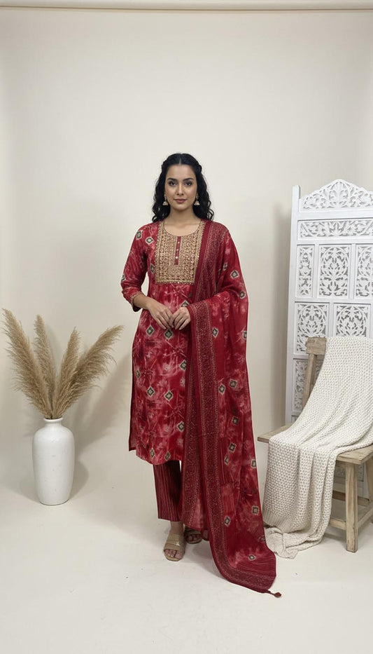 Elegant Maroon & Gold Embroidered Kurta Set with Printed Dupatta