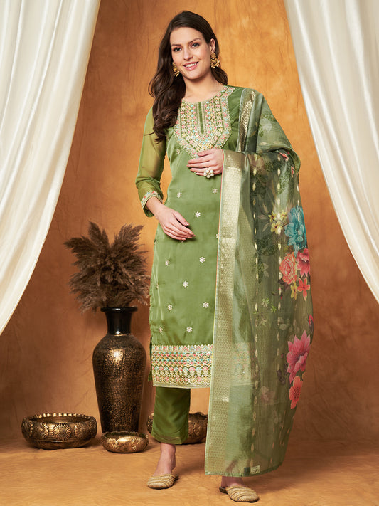 Elegant Embroidered Tisssu Chanderi Kurta with Pant & Dupatta Set