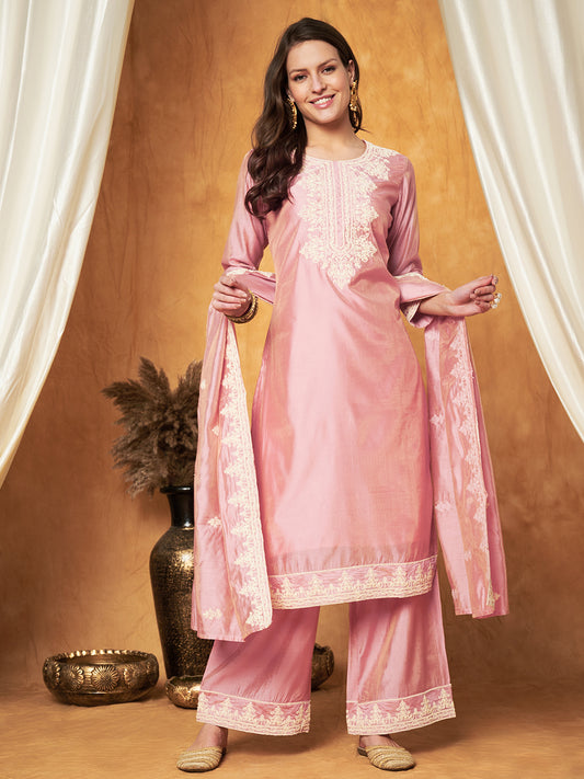 Embroidered Chanderi Kurta with Plazzo & Dupatta Set
