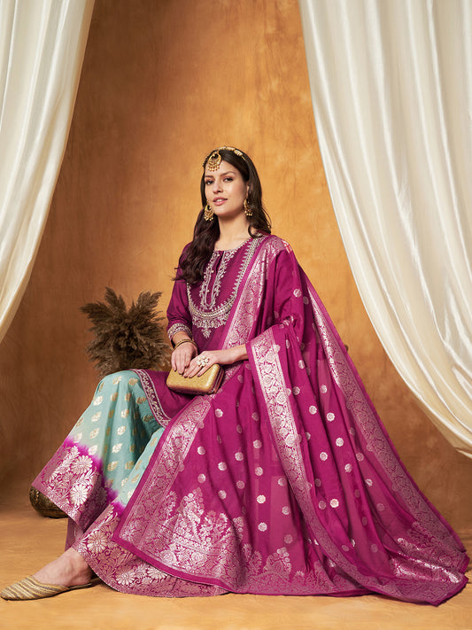 Embroidered Kurta with Plazzo & Dupatta Set