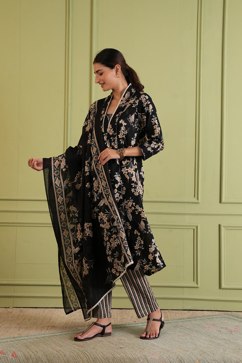 Ebony Blossom Kurta Set with Dupatta