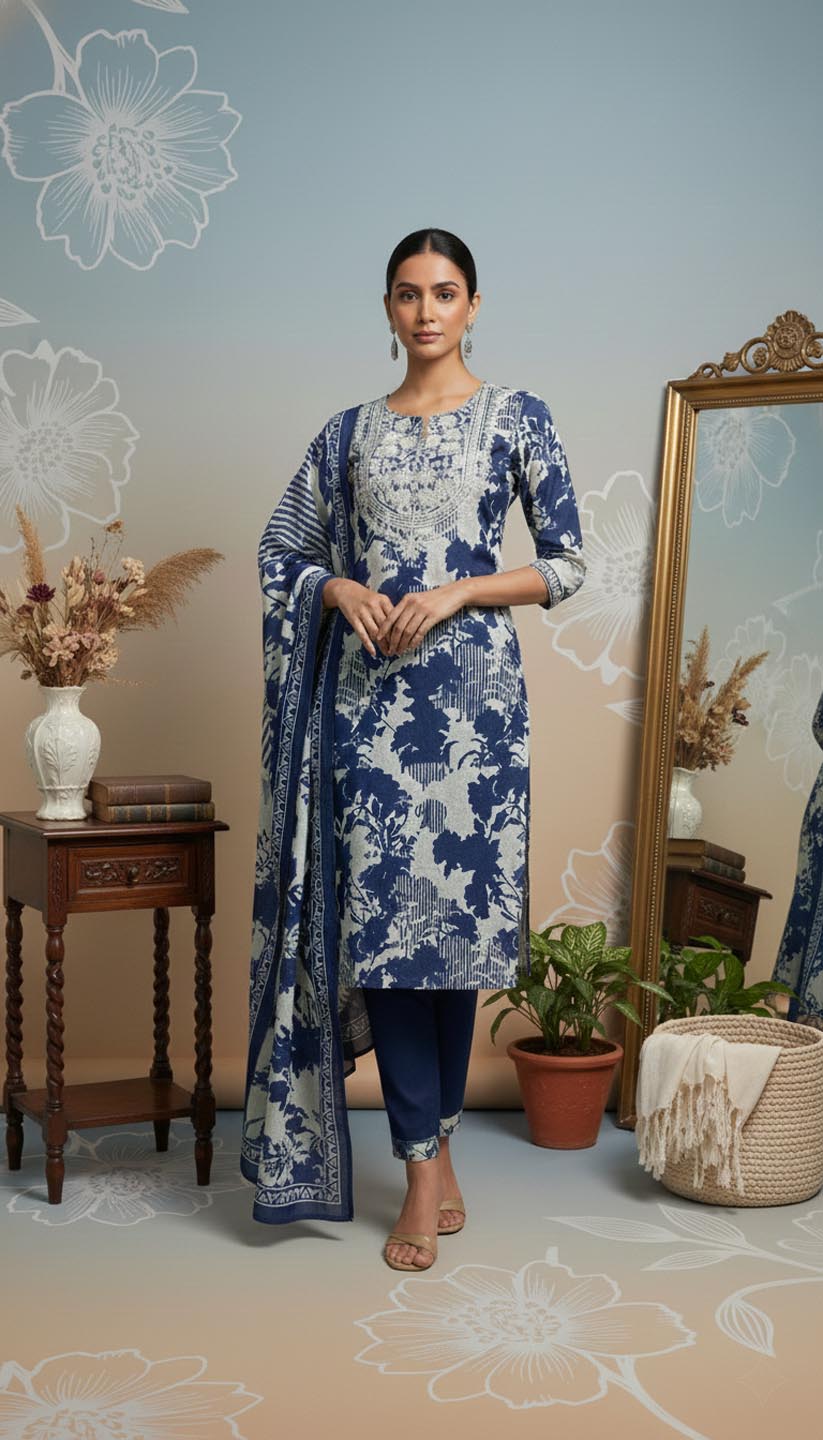 Elegant Indigo & Ivory Printed Kurta Set