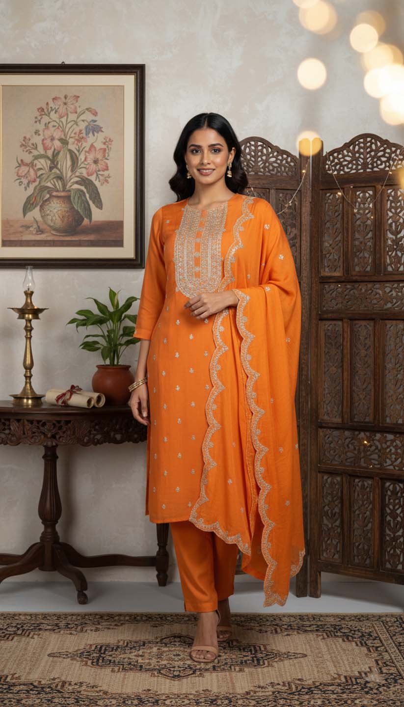 Orange Sequin Embroidered  Chanderi Silk Kurta with Trousers & Scalloped Dupatta Set