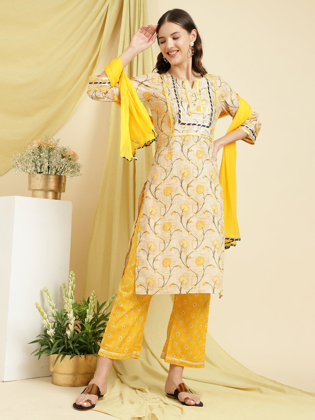 Cotton Yellow Floral Kurta set.