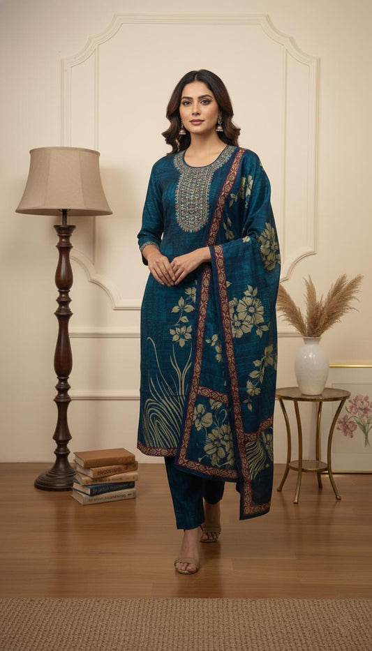 Elegant Navy Blue Embroidered  Design Printed Kurta set with dupatta
