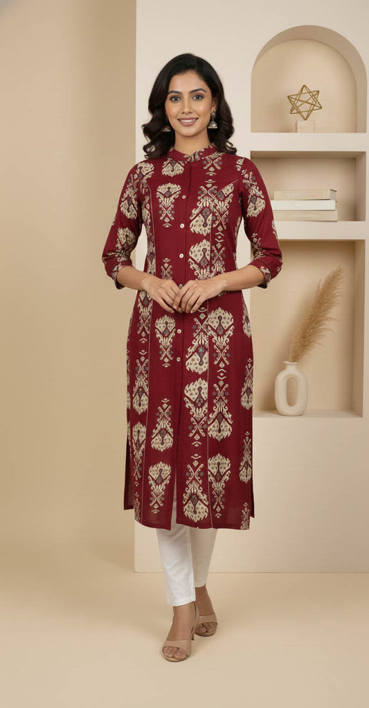 Maroon Rayon Printed Straight Kurta