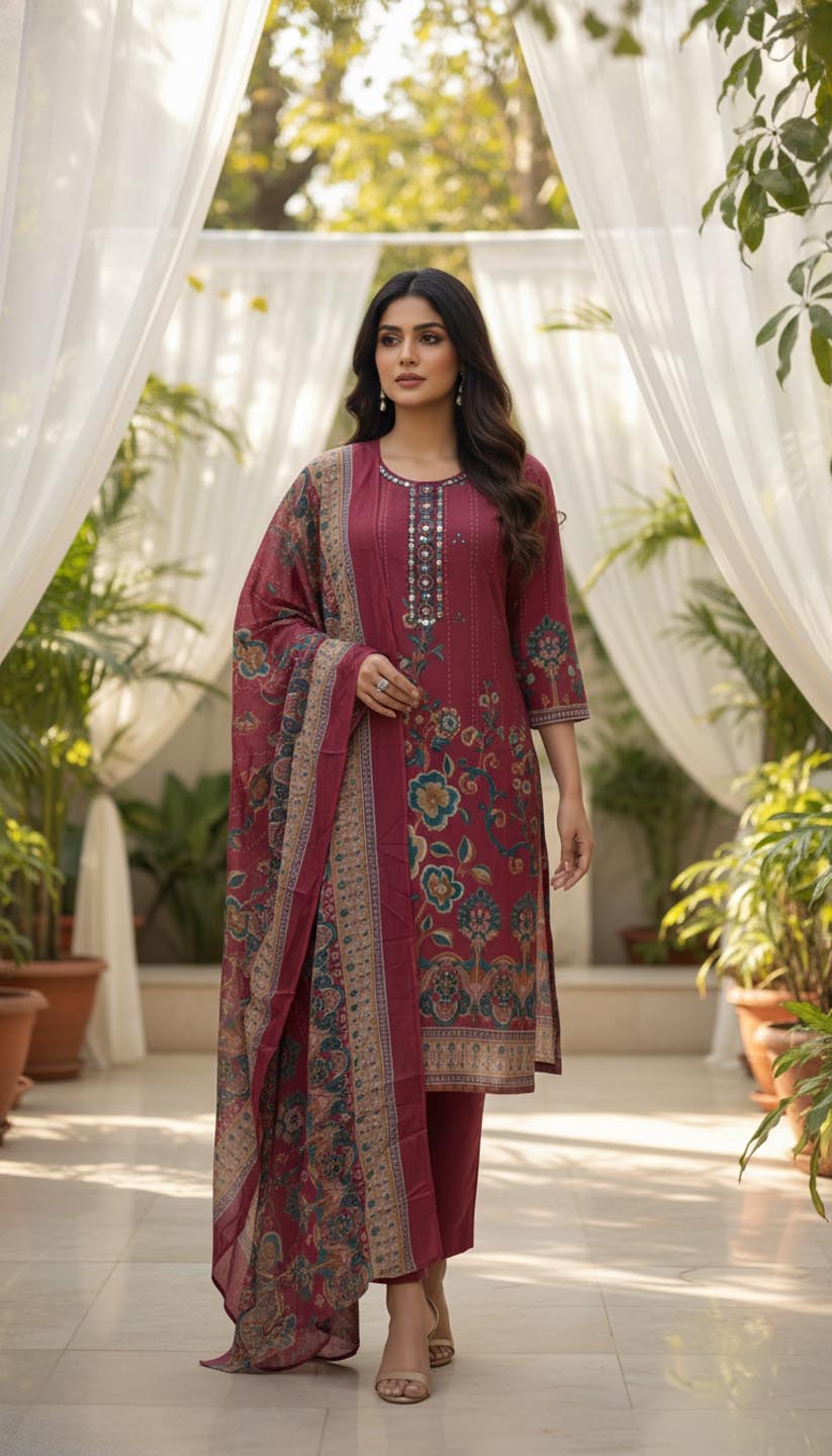 Traditional Embroidered & Printed Cotton Kurta Set with dupatta