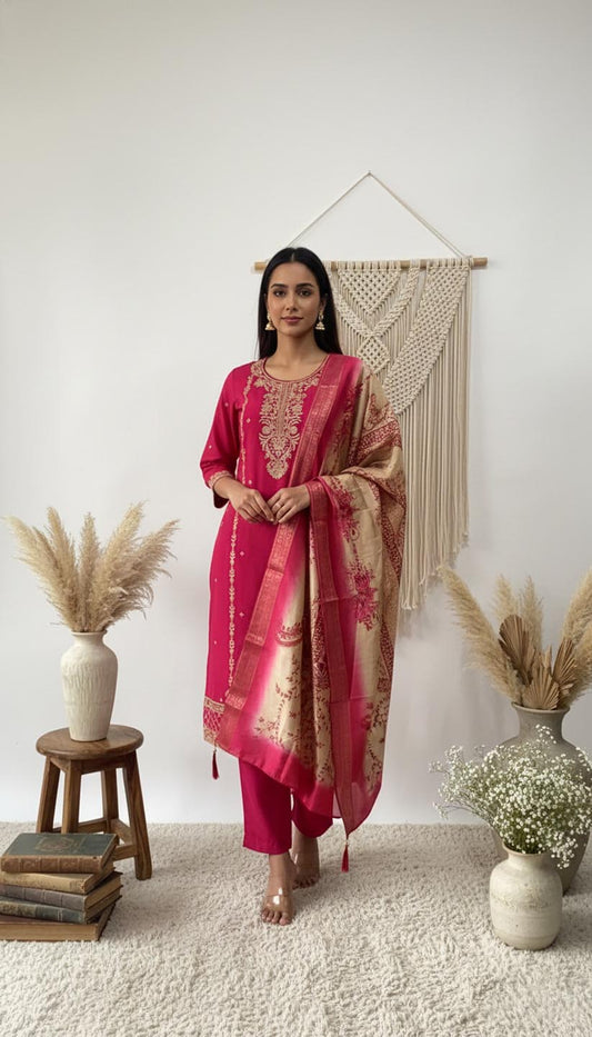 Fuchsia Embroidered Silk Kurta Set with Banarasi-Style Dupatta