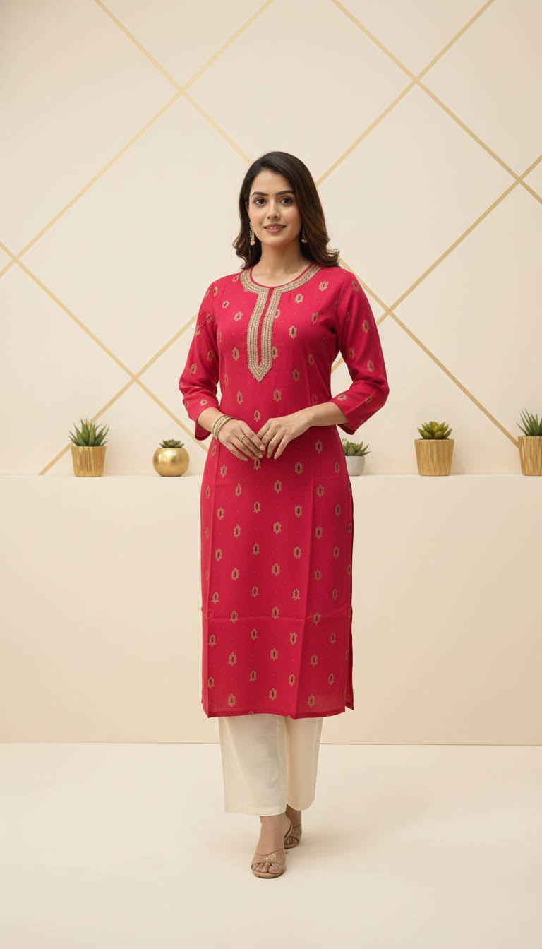 Fuchsia Embroidered Viscose Blend Kurta