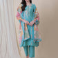 Turquoise blue Embroidered Silk Kurta With Pant & with  Printed Dupatta.