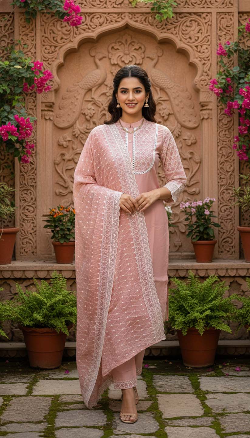 Pink Chanderi Lucknowi Embroidered Kurta with Pant & Dupatta Set