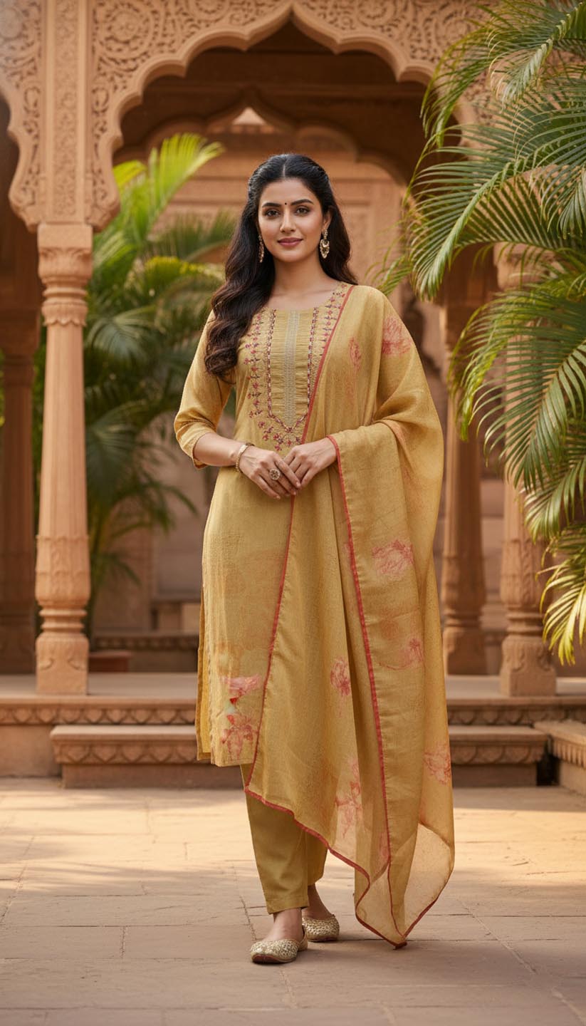 Elegant Mustard Yellow Embroidered Kurta Set with Dupatta