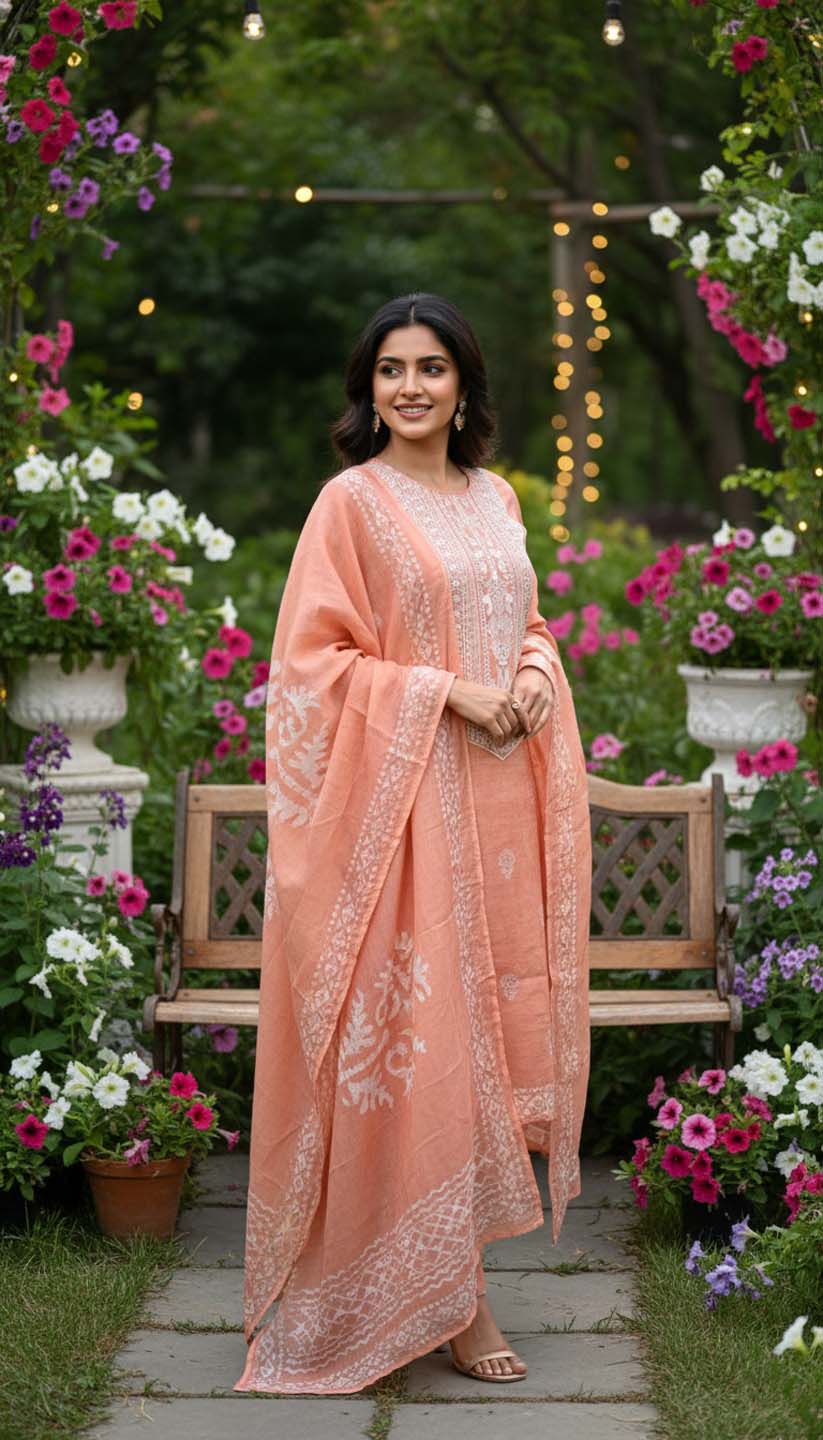 Orange  Embroidered Kurta with Pant & Dupatta Set