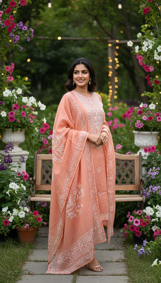 Orange  Embroidered Kurta with Pant & Dupatta Set