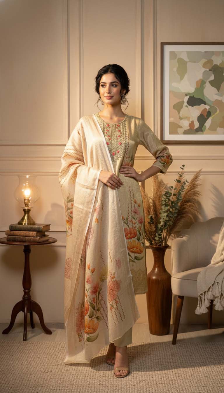 Beige Chanderi Silk Floral Jacquard Kurta Set with Dupatta