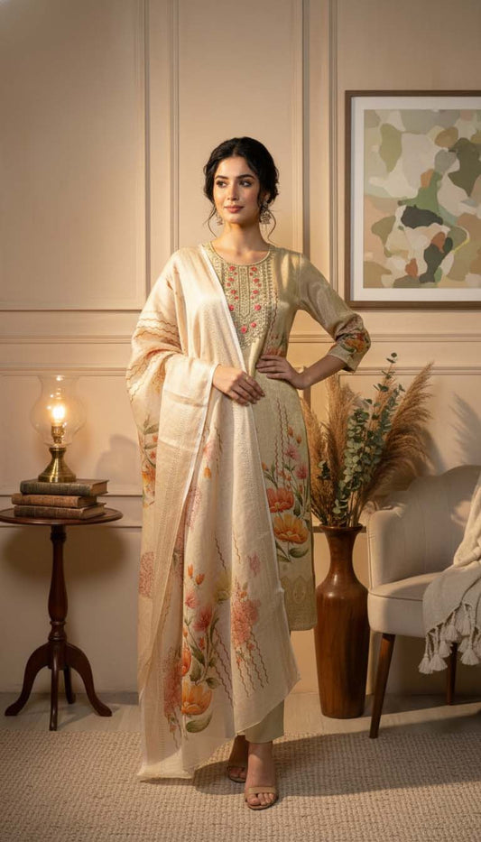Beige Chanderi Silk Floral Jacquard Kurta Set with Dupatta