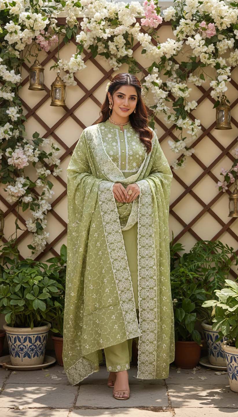 Sage Green Chanderi Lucknowi Embroidered Kurta with Pant & Dupatta Set