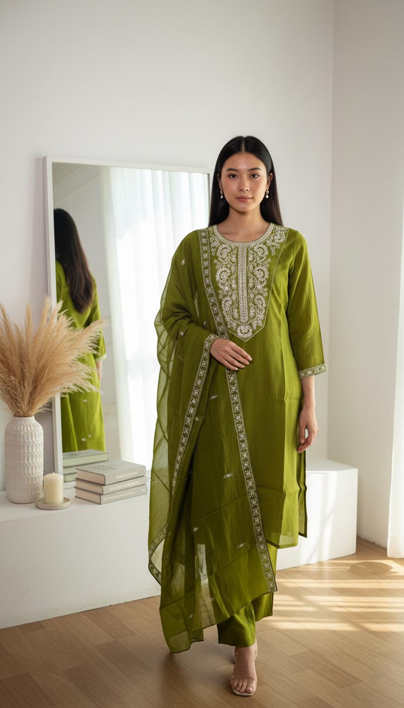 Green-Embroidered Chanderi Silk Kurta  Set