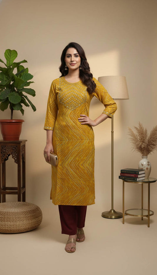 Mustard Printed Rayon Kurta