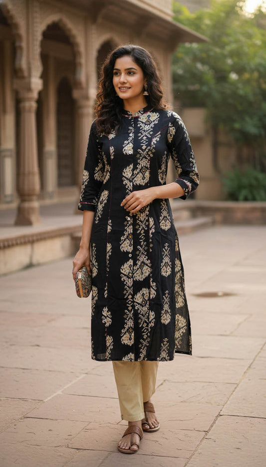 Black Rayon Printed A-Line Kurta