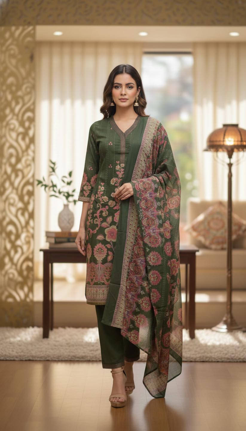 Elegant Olive Green Kurta Set with Floral Print Dupatta