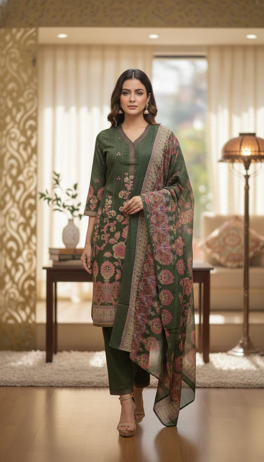 Elegant Olive Green Kurta Set with Floral Print Dupatta