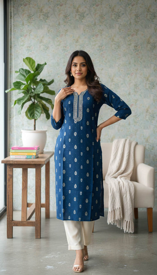 Teal Blue Embroidered Kurta