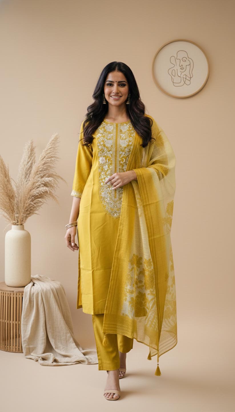 Mustard Yellow Embroidered Kurta Set with Dupatta