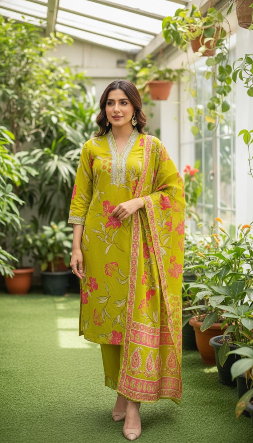 Olive Green  Embroidered Kurta Set with Dupatta