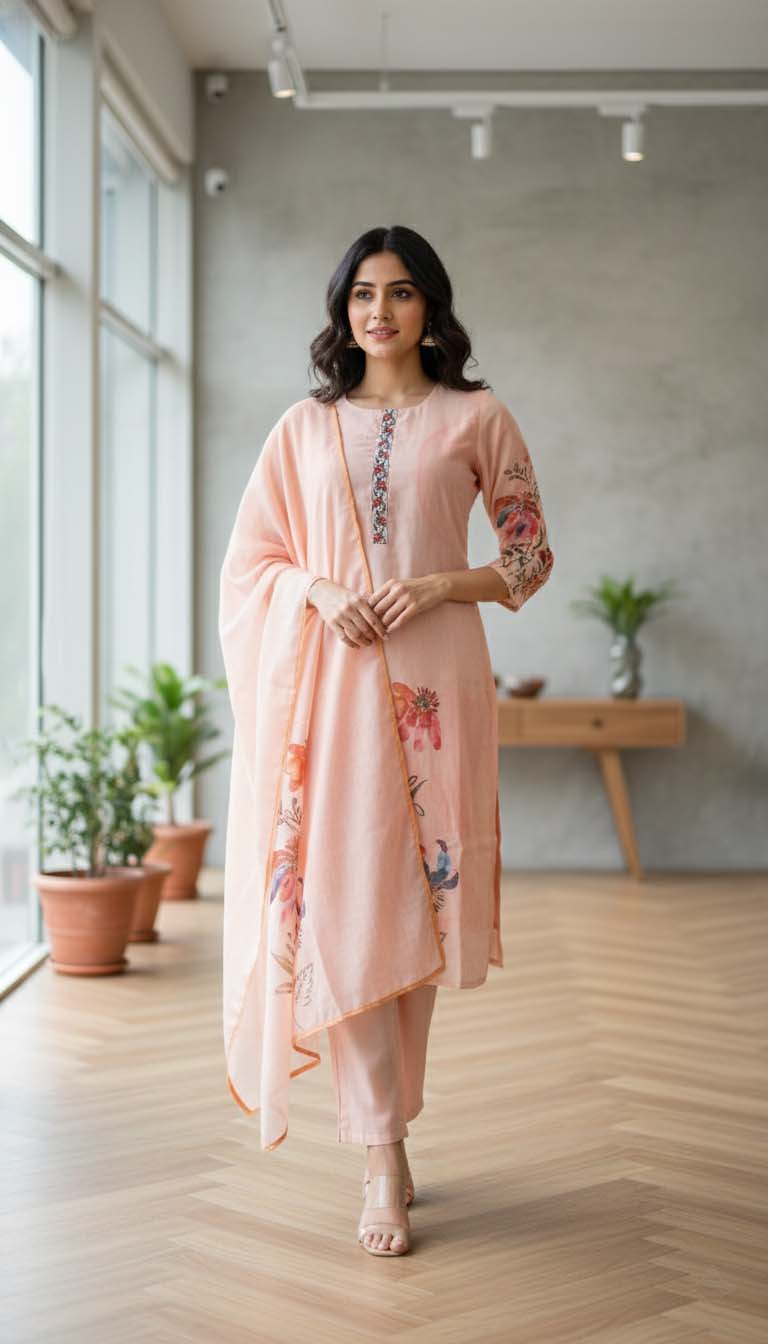 Elegant Everyday Peach Floral Printed Kurta Set With Dupatta
