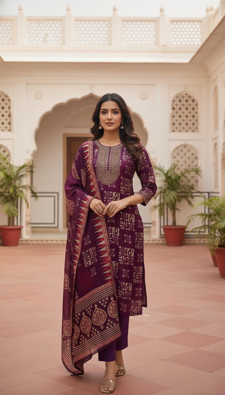 Ethnic Elegance Royal Purple Printed Kurta Set with Dupatta