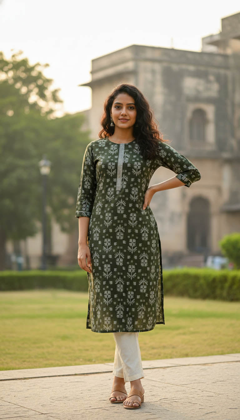Olive green Chanderi Printed Kurta