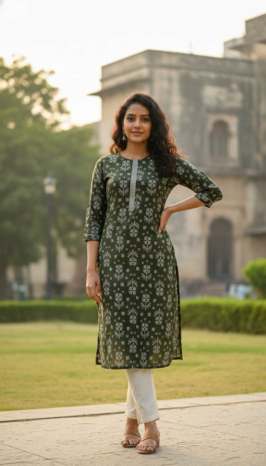 Olive green Chanderi Printed Kurta