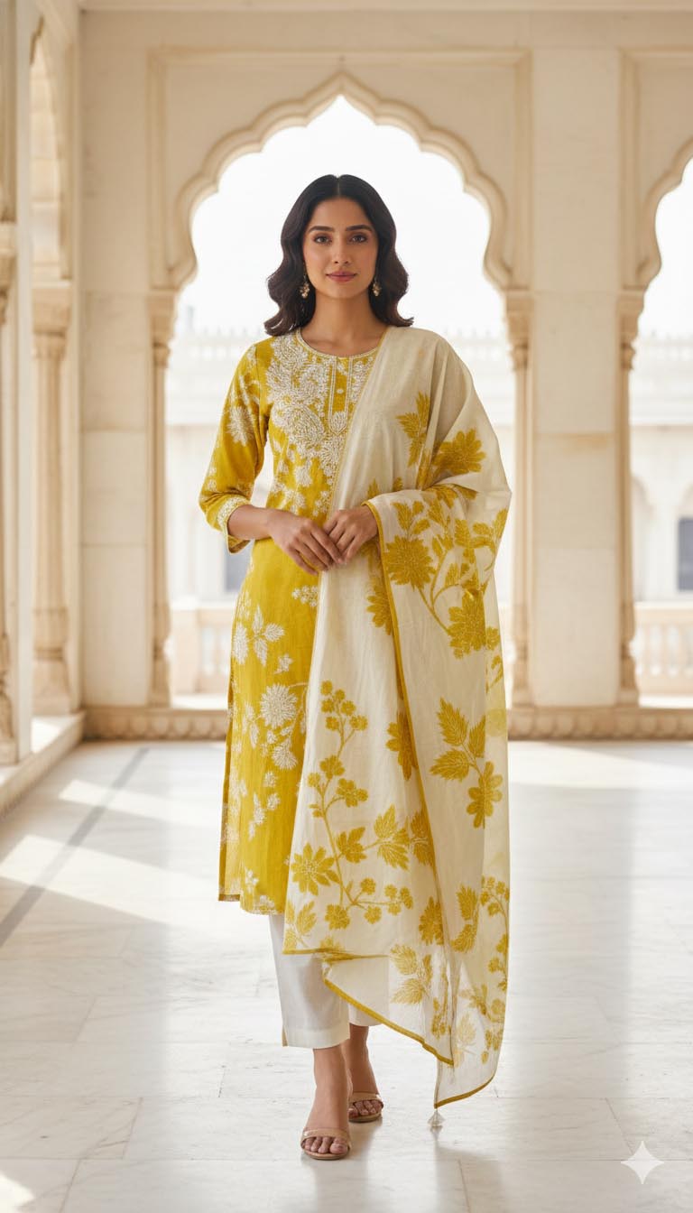 Mustard Floral Embroidered Cotton Kurta Set with Dupatta