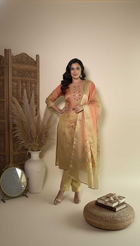 Beige Chanderi Silk Floral Jacquard Kurta Set with Dupatta