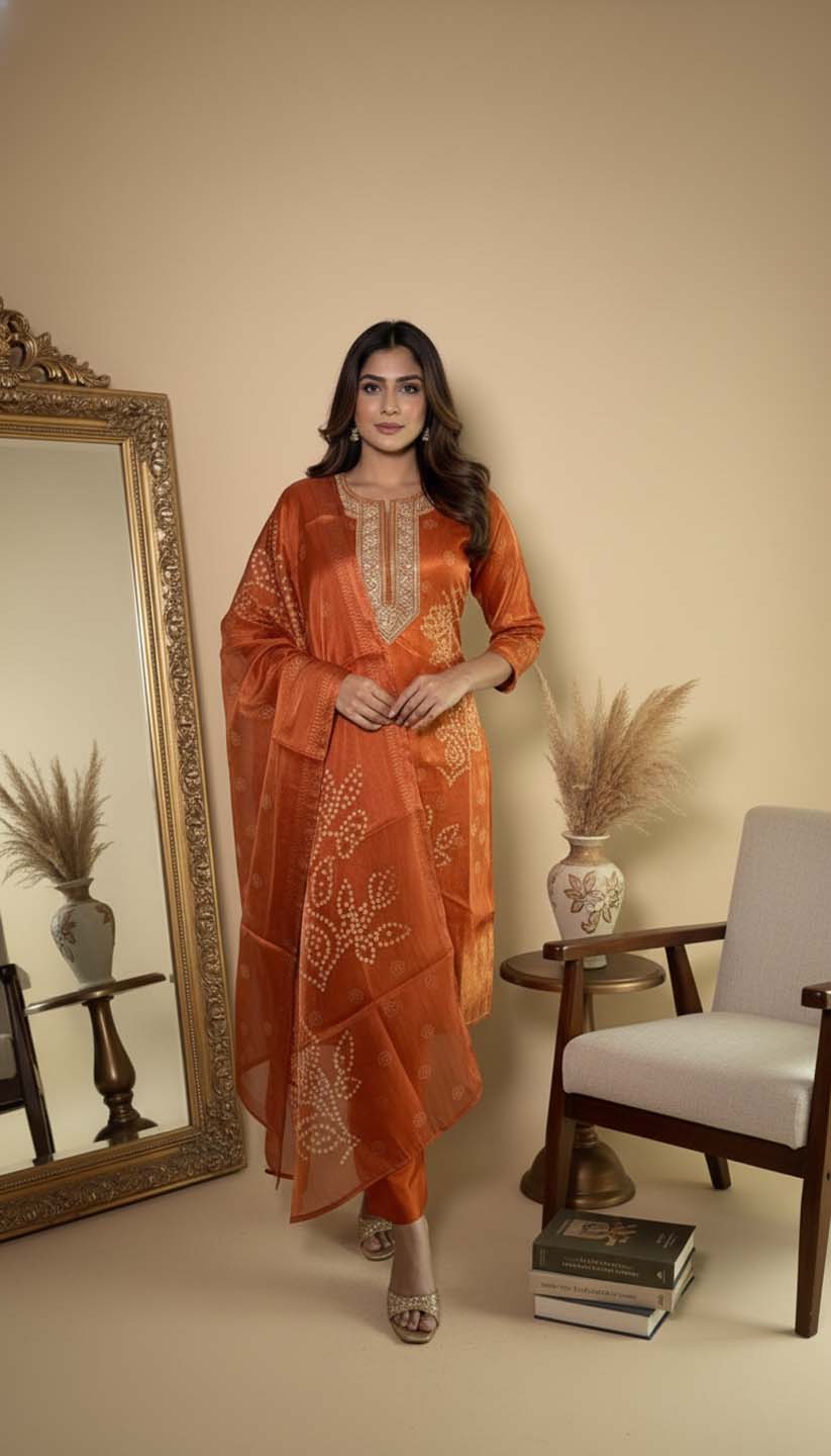 Rust Orange Tissue Chanderi Embroidered Kurta with Trousers & Dupatta