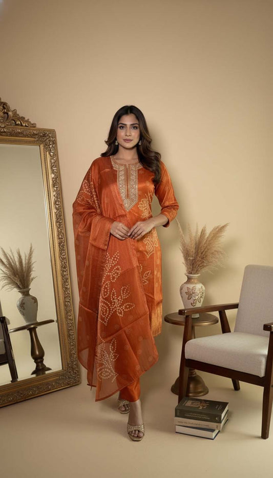 Rust Orange Tissue Chanderi Embroidered Kurta with Trousers & Dupatta