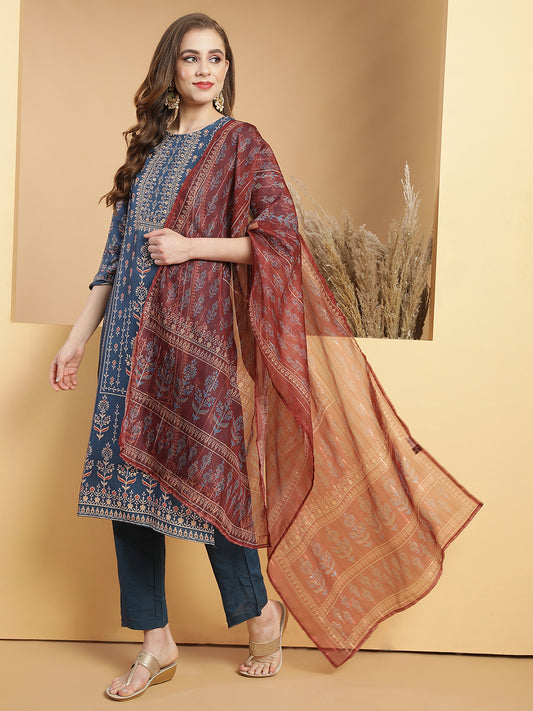 Blue placement printed kurta with trouser & with Dupatta