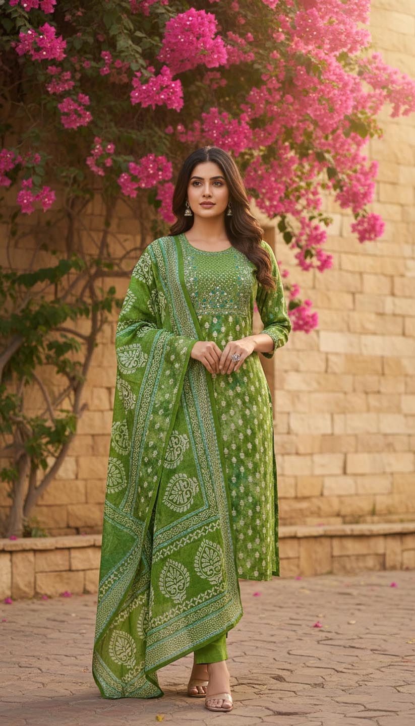 Elegant  Green Printed Embroidered Kurta Set with Pant and Dupatta