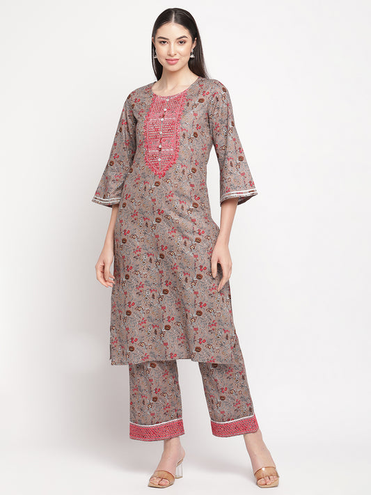Floral Printed Grey Embroidered Kurta With Pant.