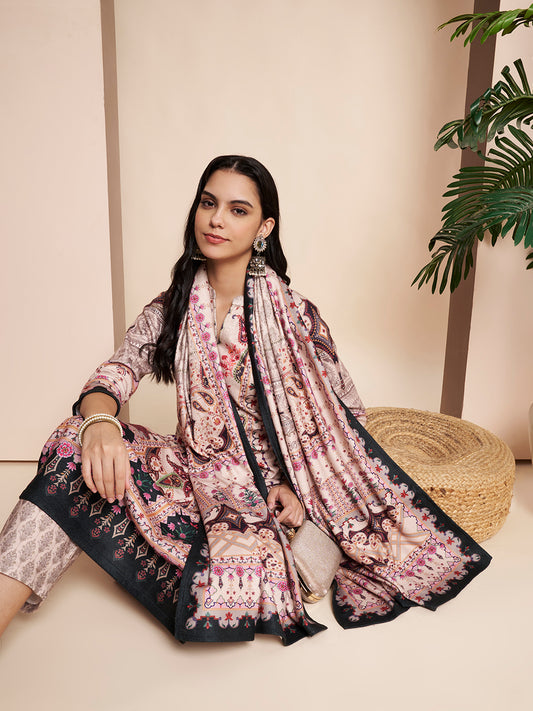 Winter Printed Handwork Kurta with Pant & Shawl