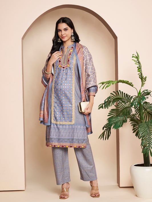 Winter Printed Handwork  Kurta with Pant & Shawl