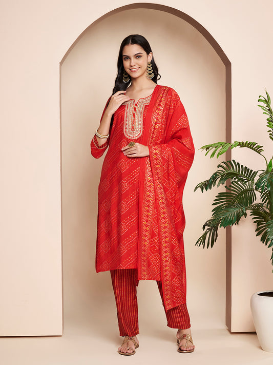 Red Embroidered Kurta Set with Pant & Dupatta
