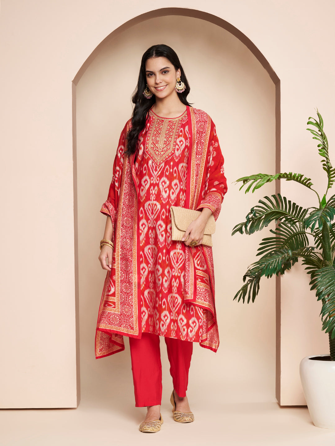 Fuchsia Embroidered Kurta With Pant & Dupatta
