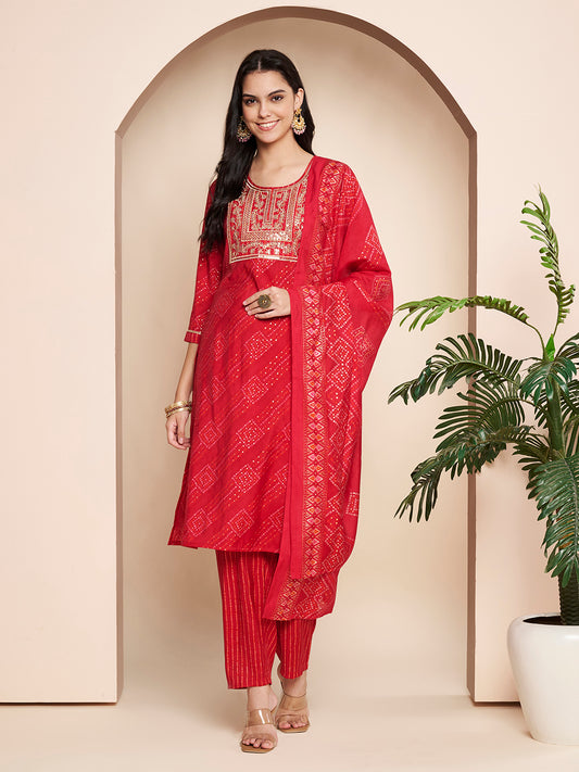 Red Embroidered Work Kurta With Pant & Dupatta