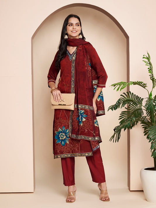 Maroon Embroidered Kurta Set with Pant & Dupatta
