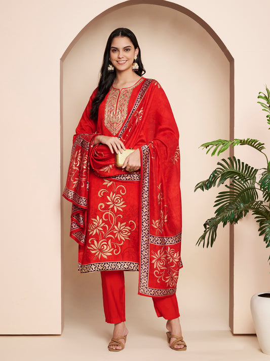 Red Embroidered Kurta Set with Pant & Dupatta