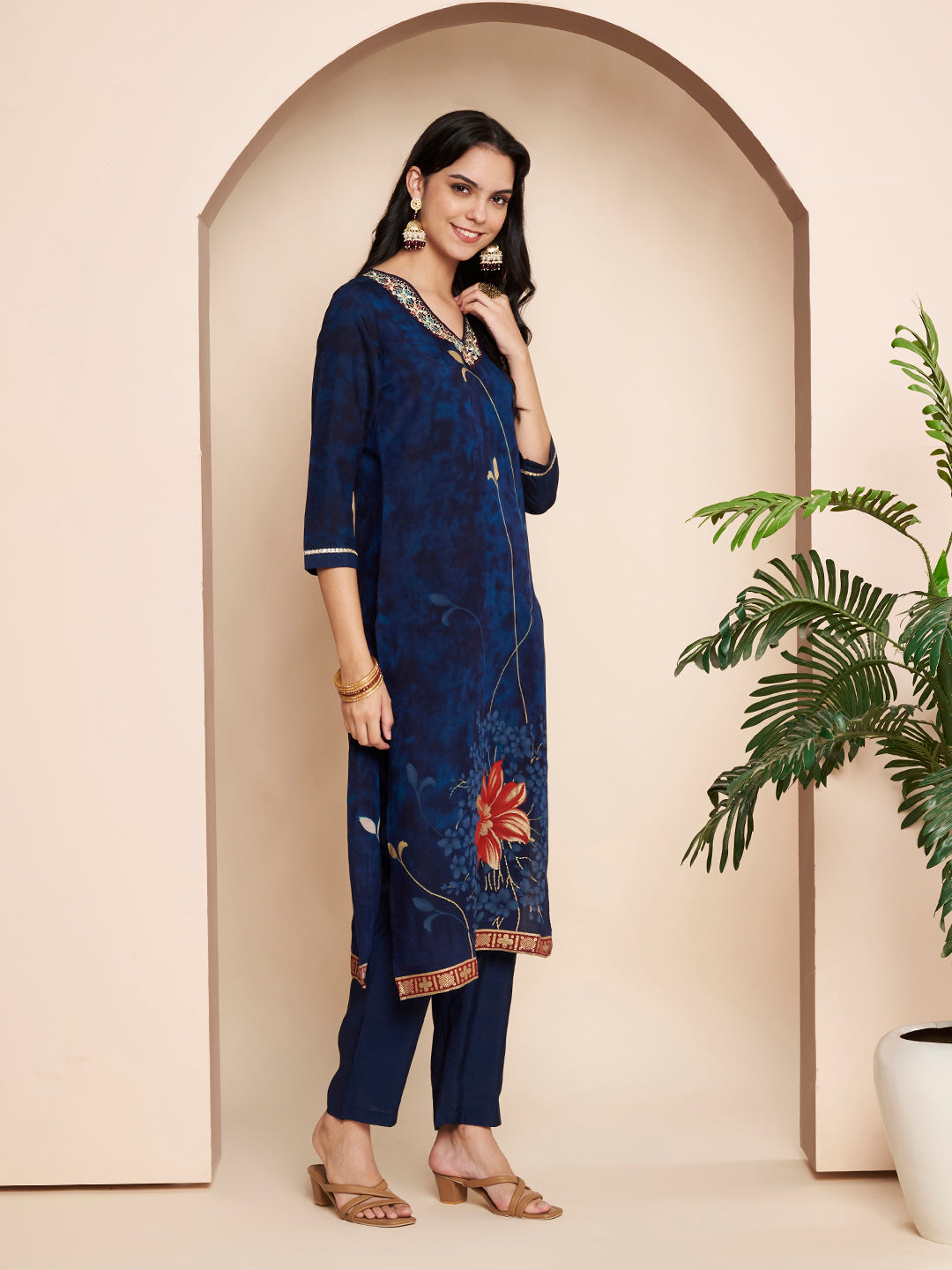 Navy Blue Embroidered Kurta Set with Pant & Dupatta